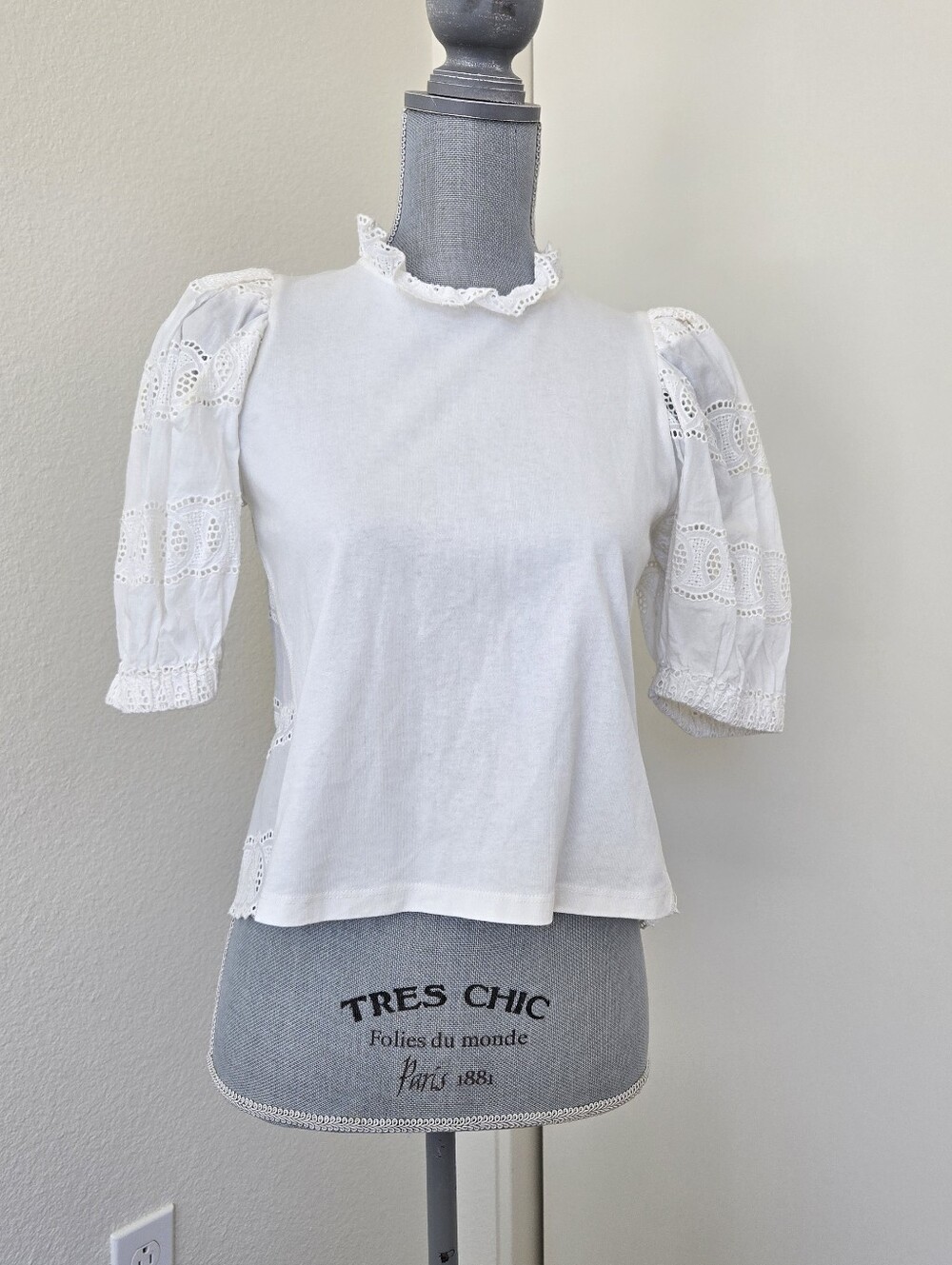Anthropologie Othilia White Eyelet Lace Puff‎ Sleeve Top Blouse XS Romance Fairy